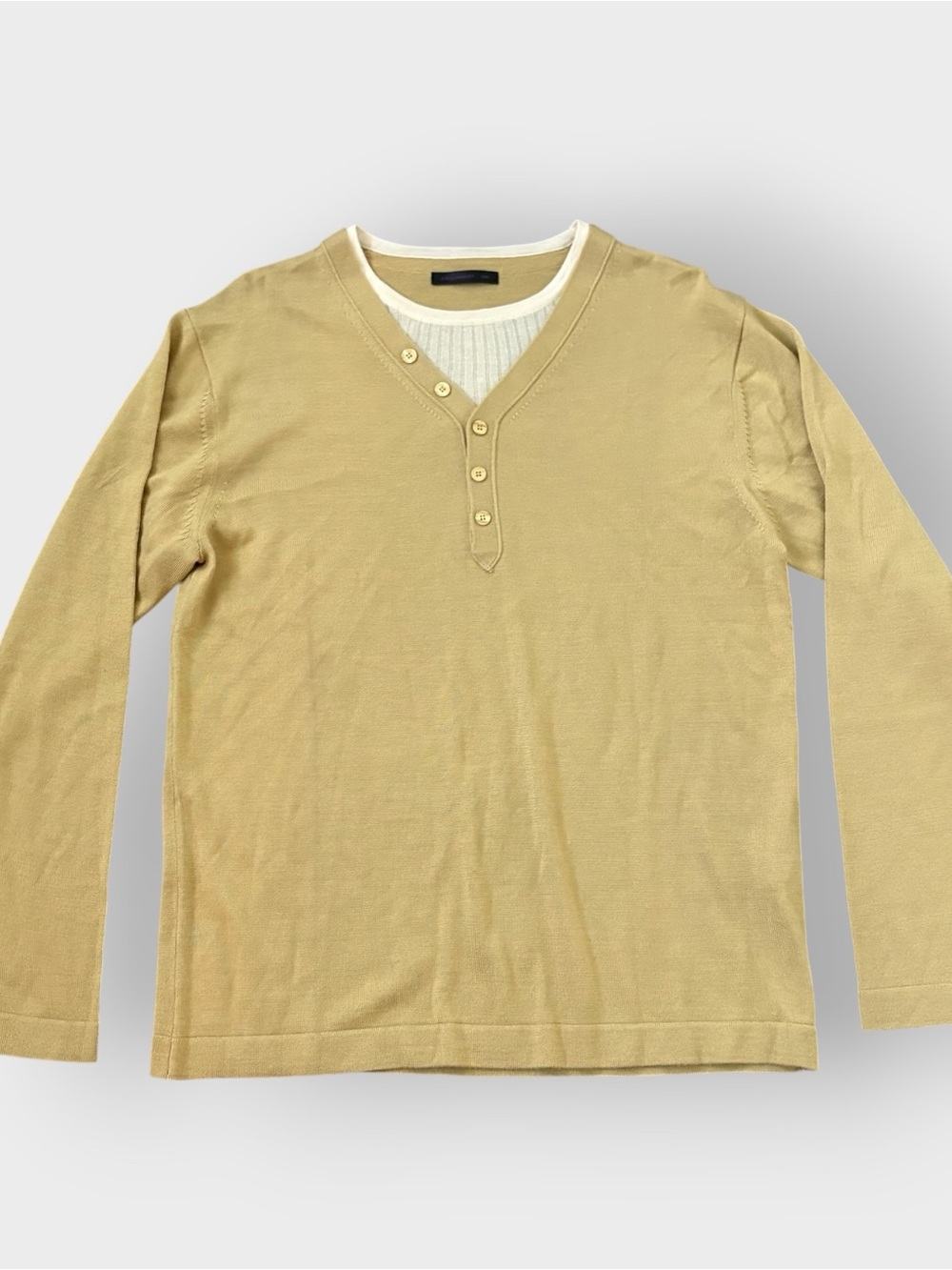 Collinbury Beige Henley Long Sleeve Knit Sweater - Layered Look - Wool Blend